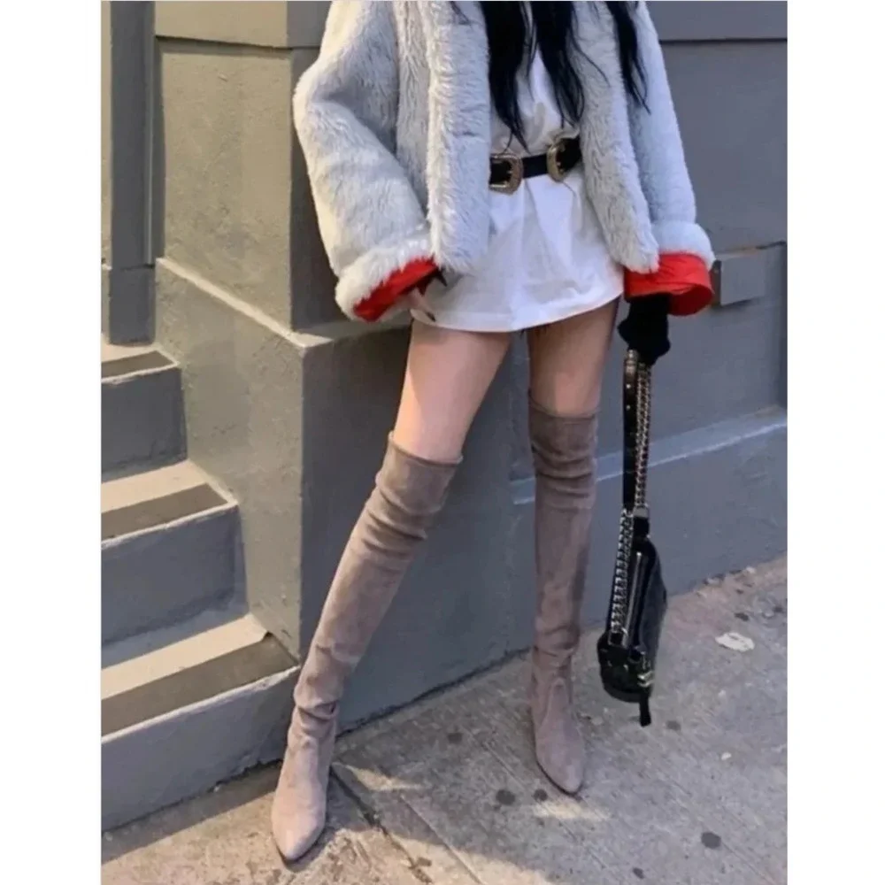 Stuart Weitzman Over The Knee Boots Size 7 Taupe Suede Block Heel Tie Back Chic